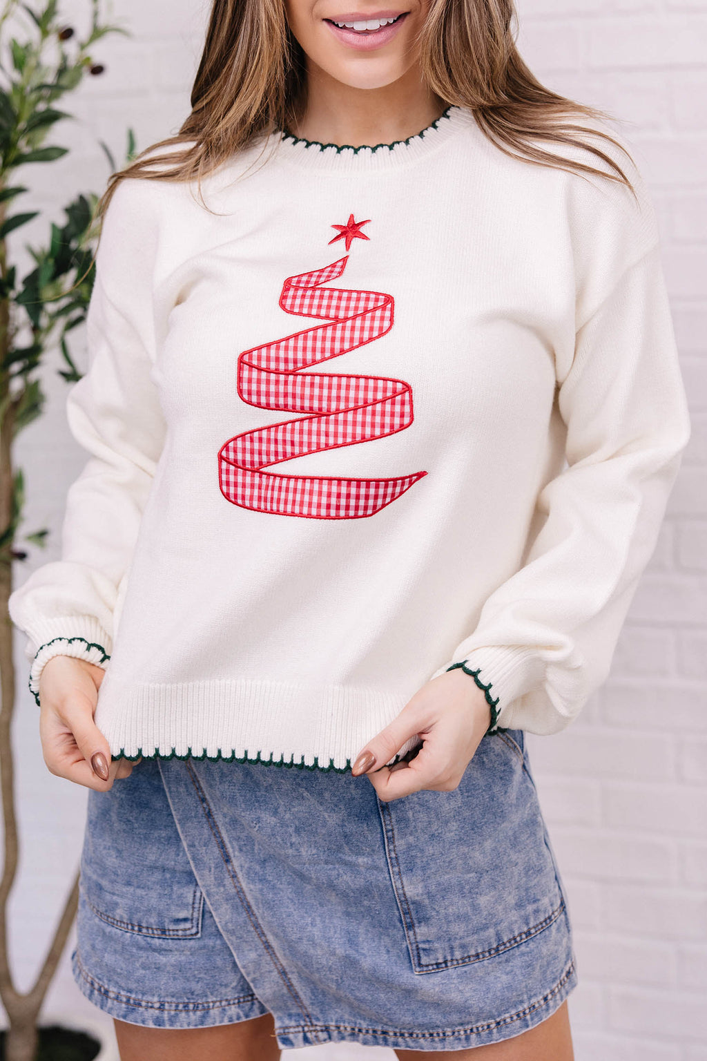 Beige Stitched Detail Christmas Tree Holiday Casual Sweater 🇺🇸