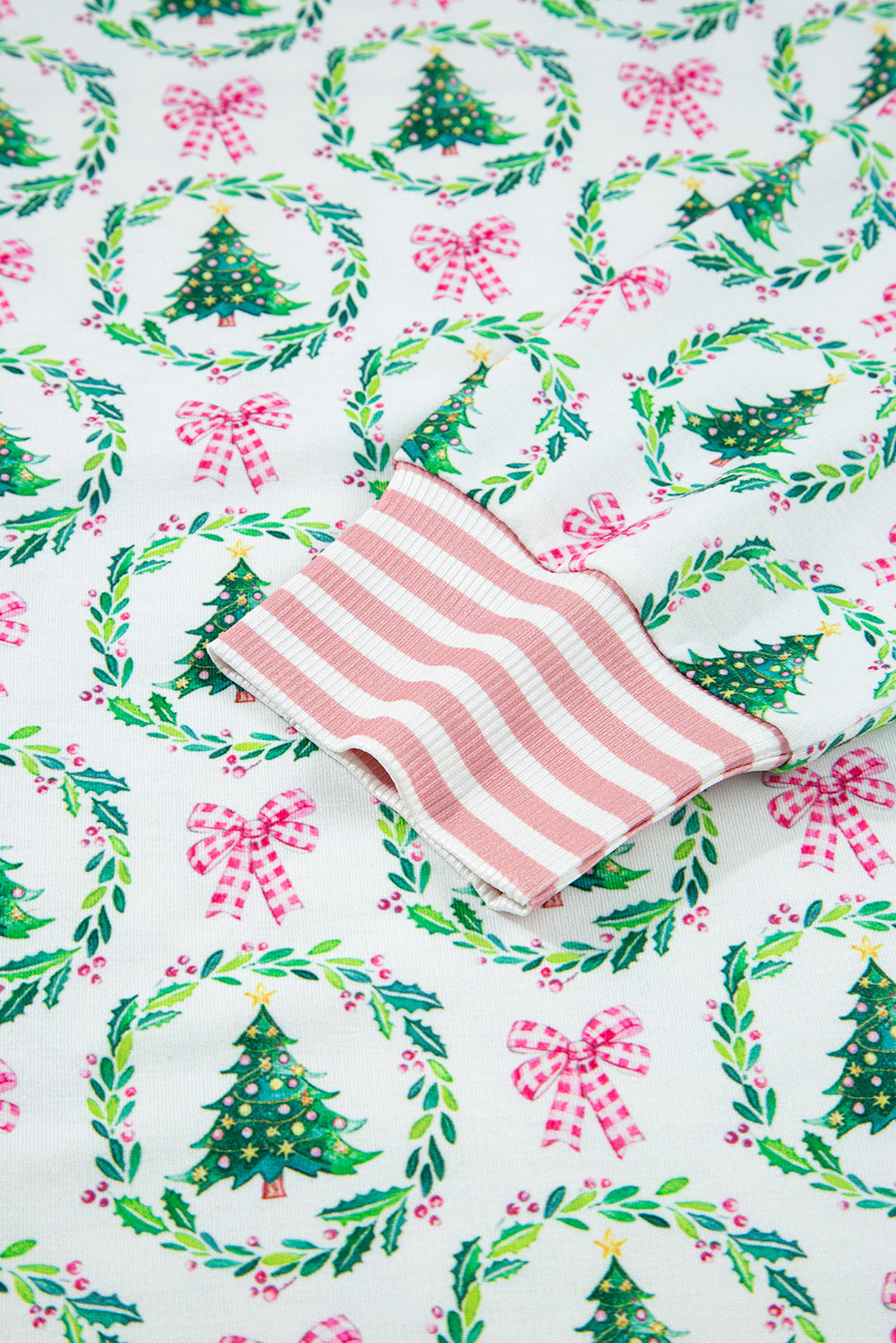 Green Bow Christmas Tree Print Contrast Striped Banding 2pcs Lounge Set 🇺🇸