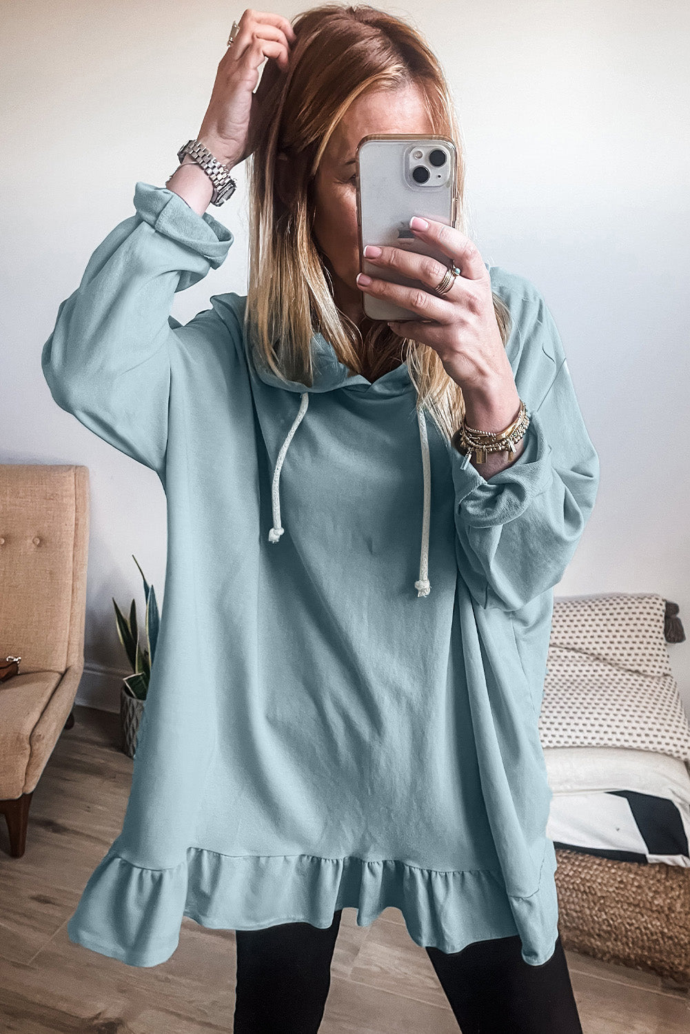 Iceland Blue Solid Ruffled Hem Loose Fit Tunic Hoodie 🇺🇸