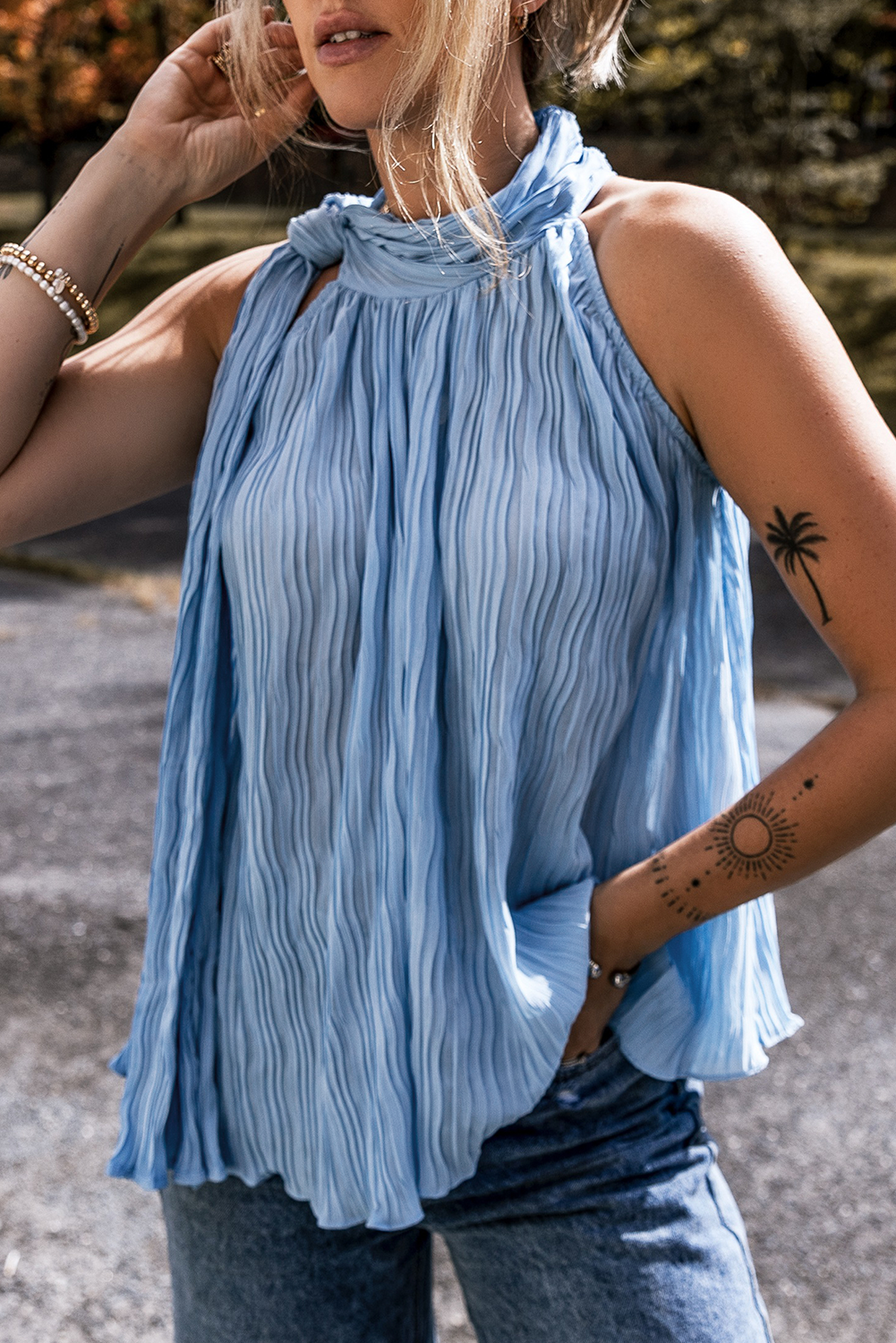 Myosotis Textured Pleated Tied Mock Neck Flowy Tank Top 🇨🇳