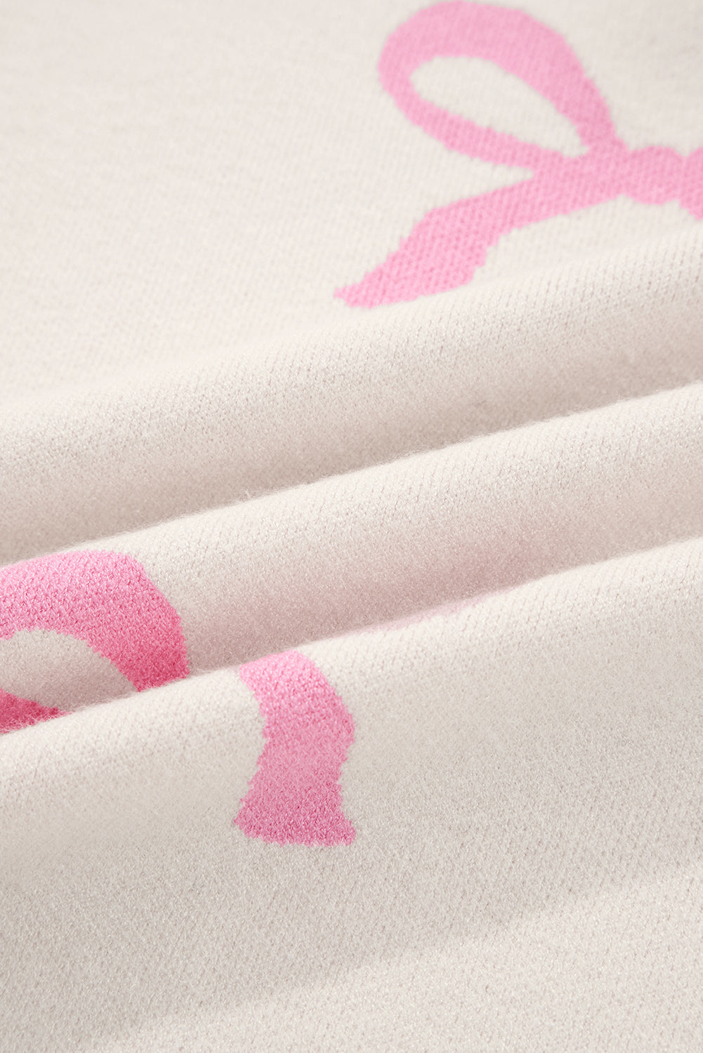 Pink Bow Print Ribbed Trim Exposed Seam Drop Shoulder Loose Sweater 🇺🇸