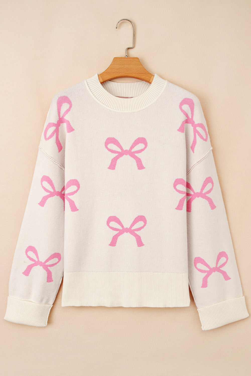 Pink Bow Print Ribbed Trim Exposed Seam Drop Shoulder Loose Sweater 🇺🇸