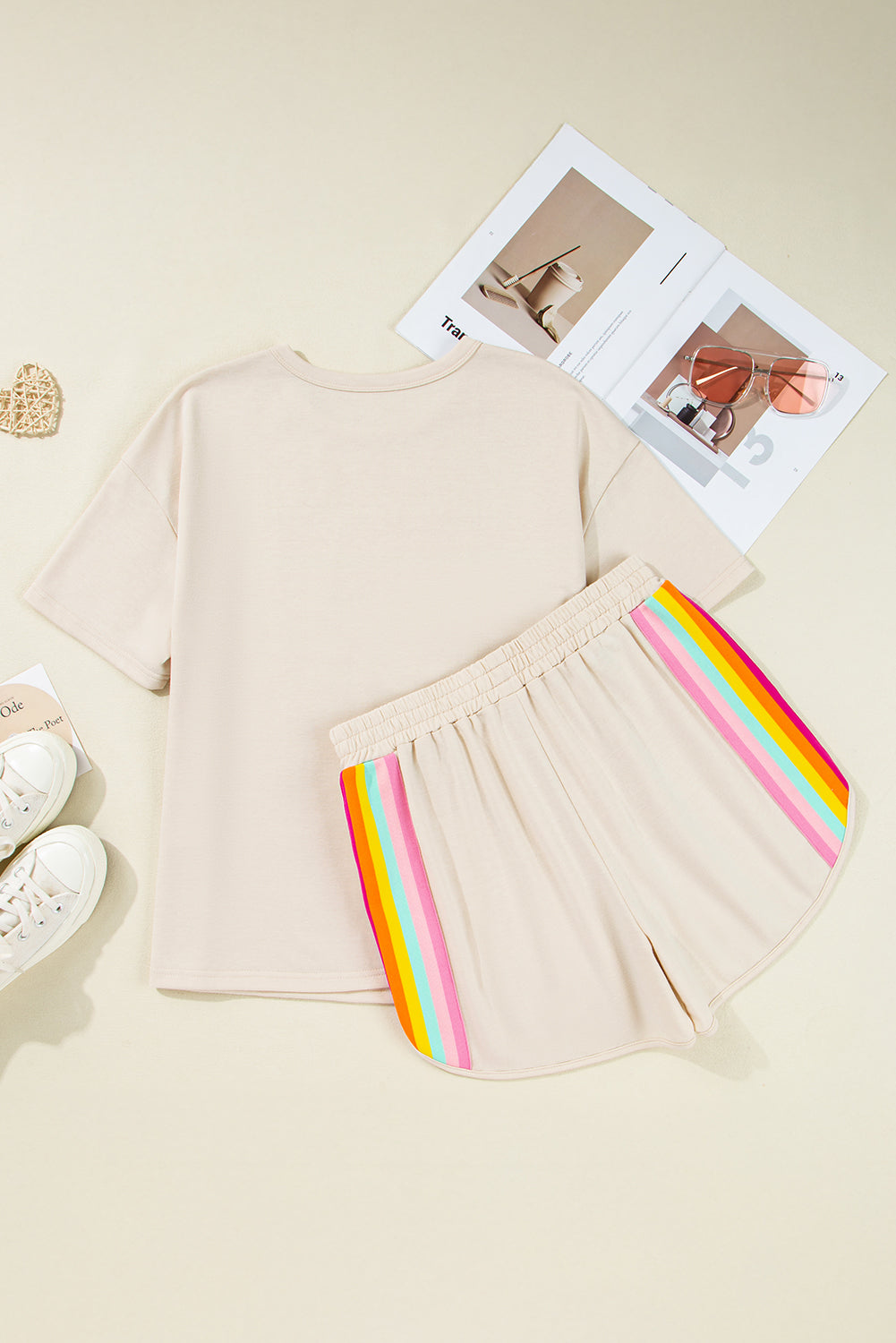Beige Vibrant Striped Detail Athleisure 2pcs Short Set 🇺🇸