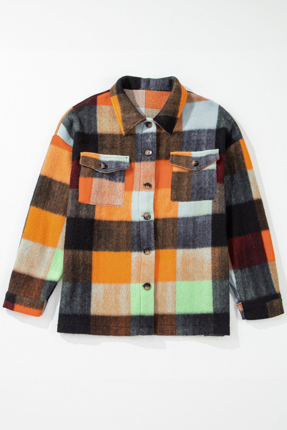 Orange Plaid Print Flap Pocket Long Jacket 🇺🇸