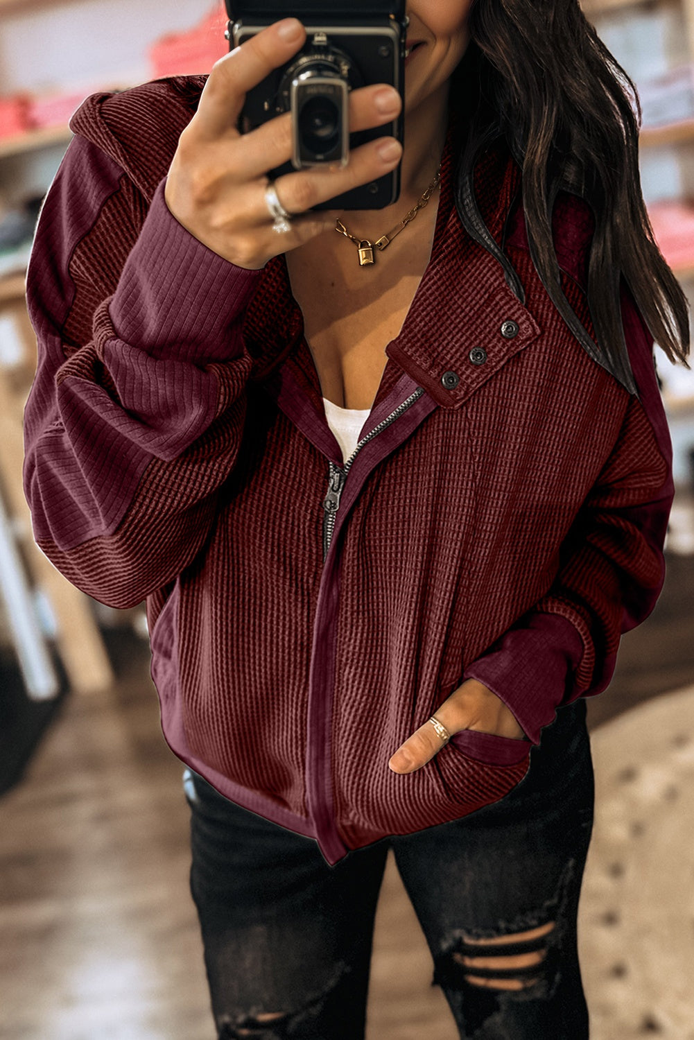 Burgundy Waffle Splicing Zip Up Front Button Hooded Jacket 🇺🇸