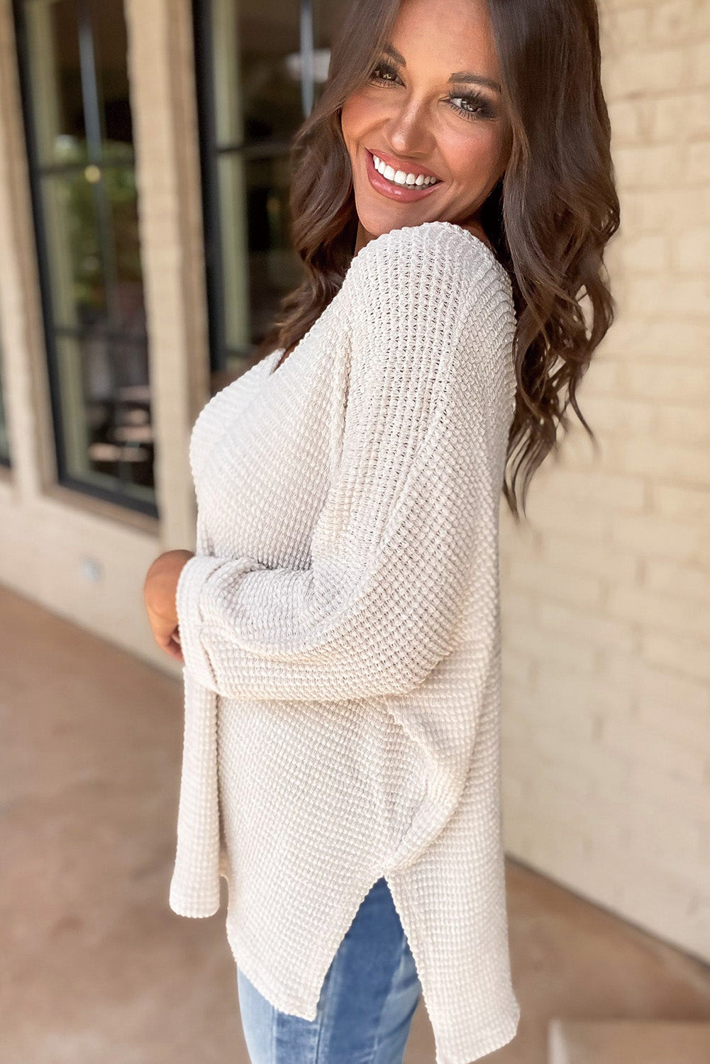 White Waffle Knit Side Slits Loose Fit V Neck Top 🇺🇲