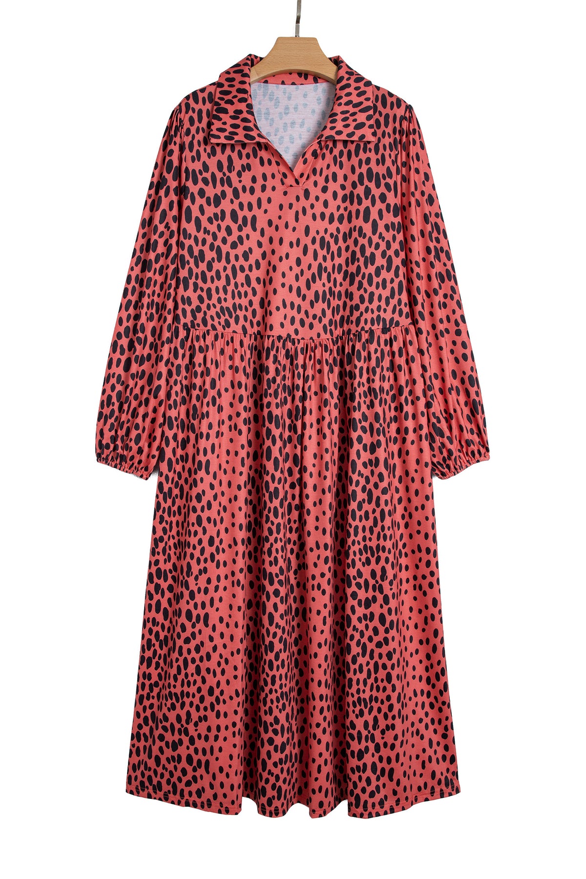 Red Leopard Print Long Sleeve V Neck Plus Size Midi Dress 🇺🇸