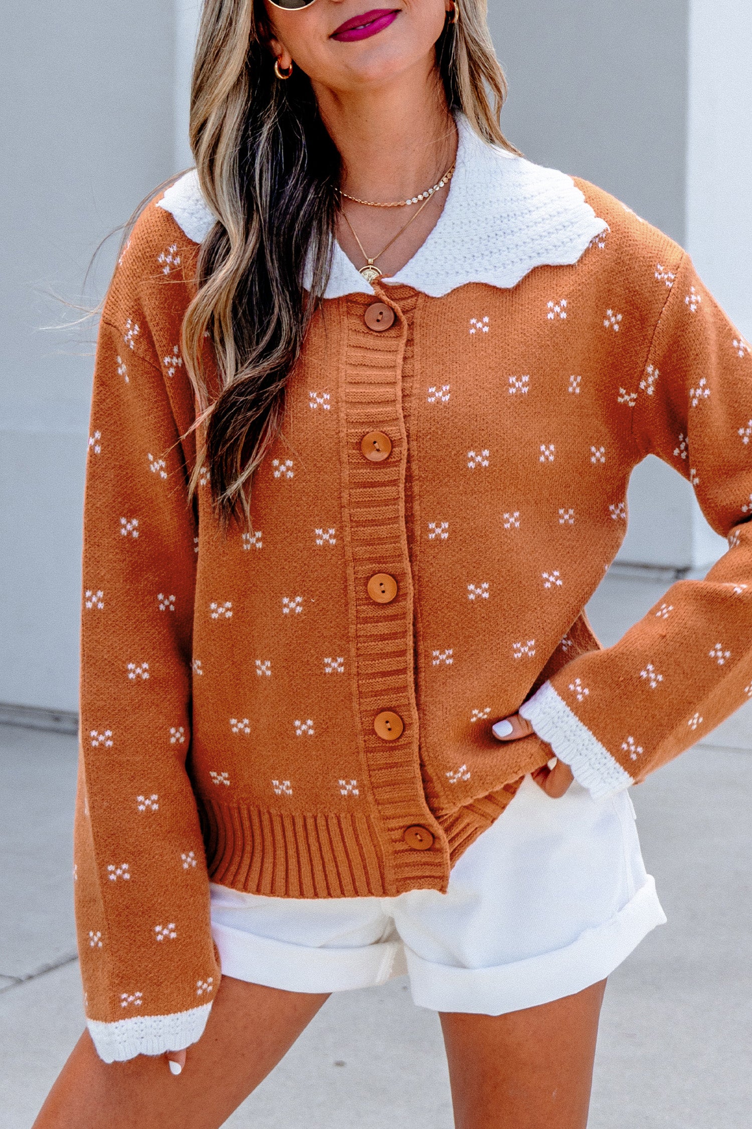 Russet Orange Peter Pan Collar Colorblock Long Sleeve Knitwear Cardigan 🇺🇸