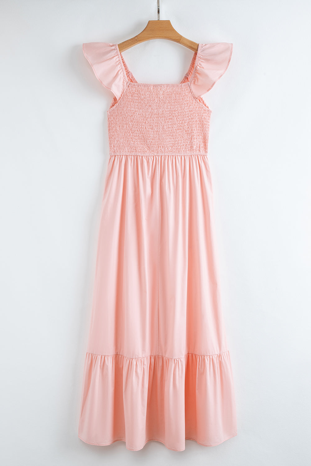 Pink V Neck Flutter Sleeve Smocked Bodice High Waist Ruffle Maxi Dress 🇨🇳