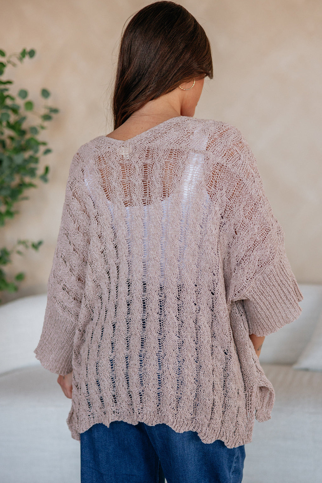 Old Rose Hollowed Pattern Knit Drop Shoulder Open Sweater Cardigan 🇺🇸