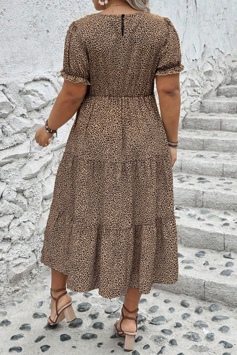 Brown Plus Size Leopard Print Frill Trim Short Sleeve Flared Dress 🇨🇳