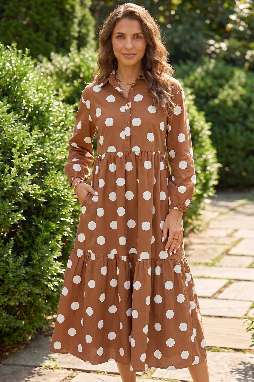 Brown Polka Dot Button Front Long Sleeve Shift Dress 🇺🇸