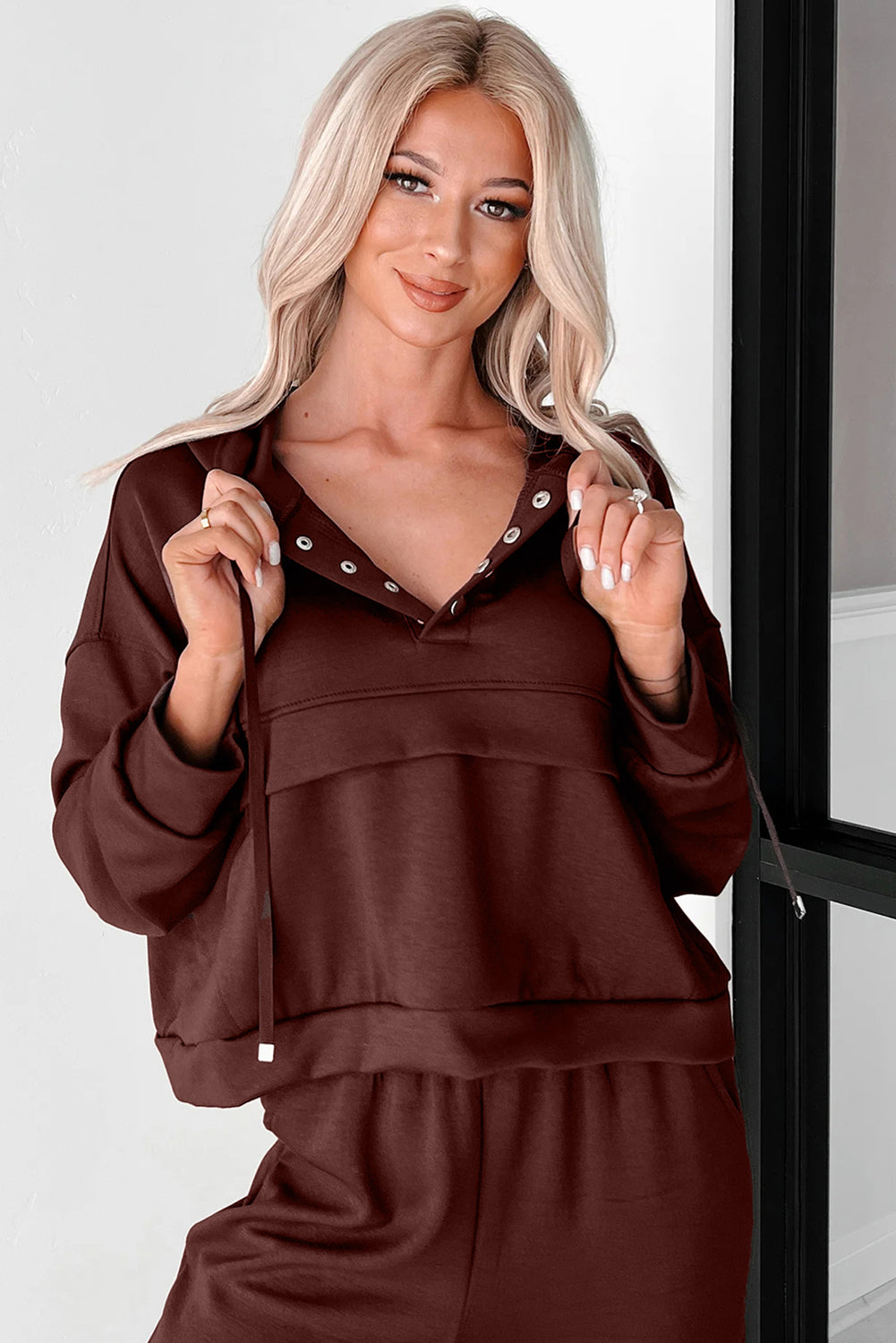 Chicory Coffee Button Drawstring Cropped Hoodie Jogger 2pcs Set 🇺🇸