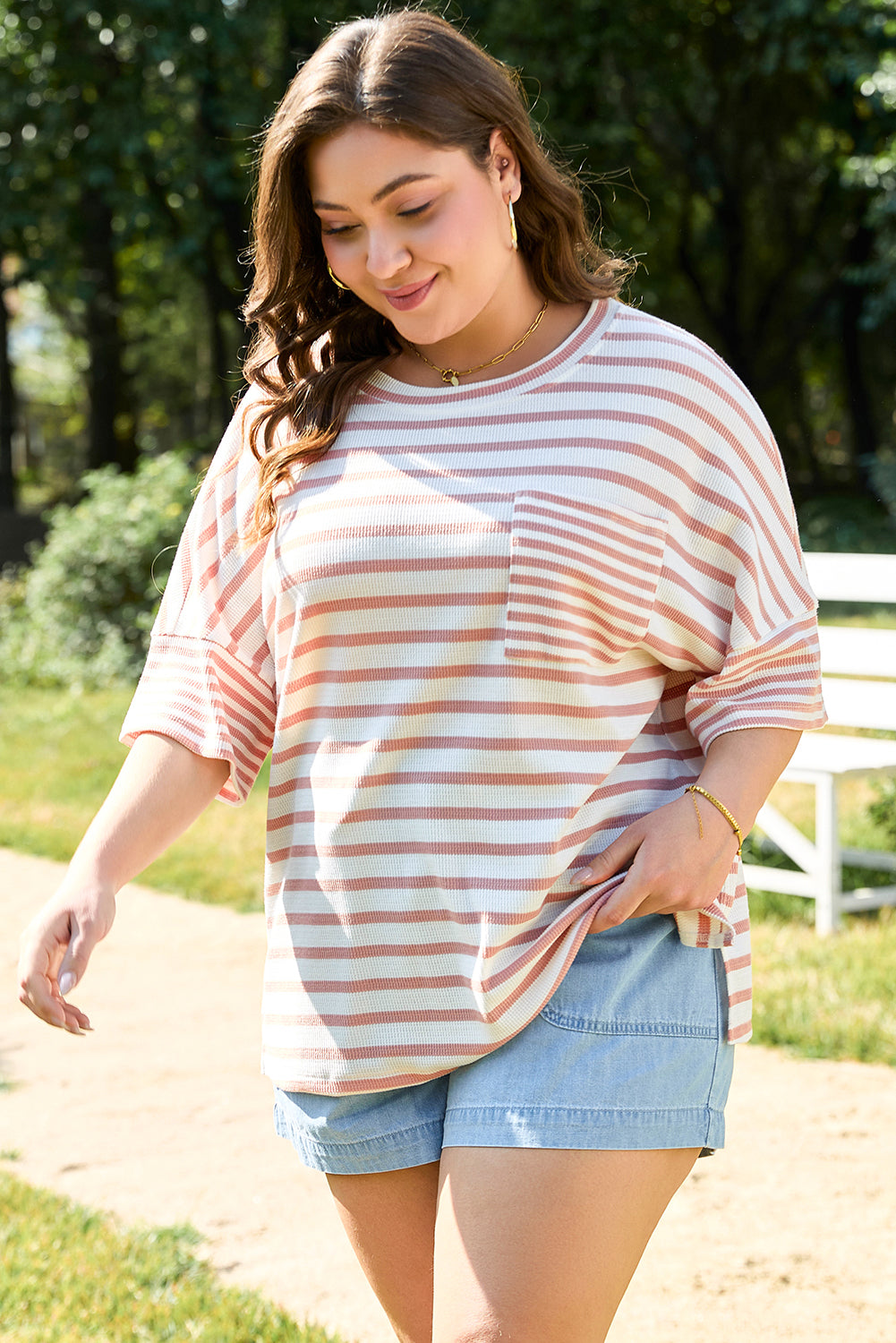 Pink Stripe Waffle Knit Pocketed Half Sleeve Plus Size T Shirt 🇨🇳