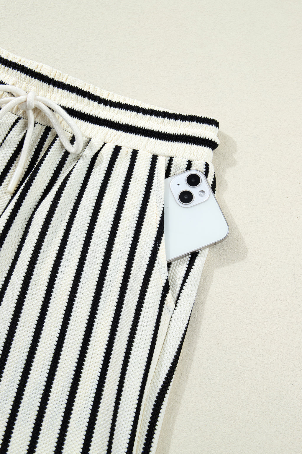 White Stripe Ruffle Trim Drop Shoulder Top Drawstring Loose Pant Set 🇺🇸