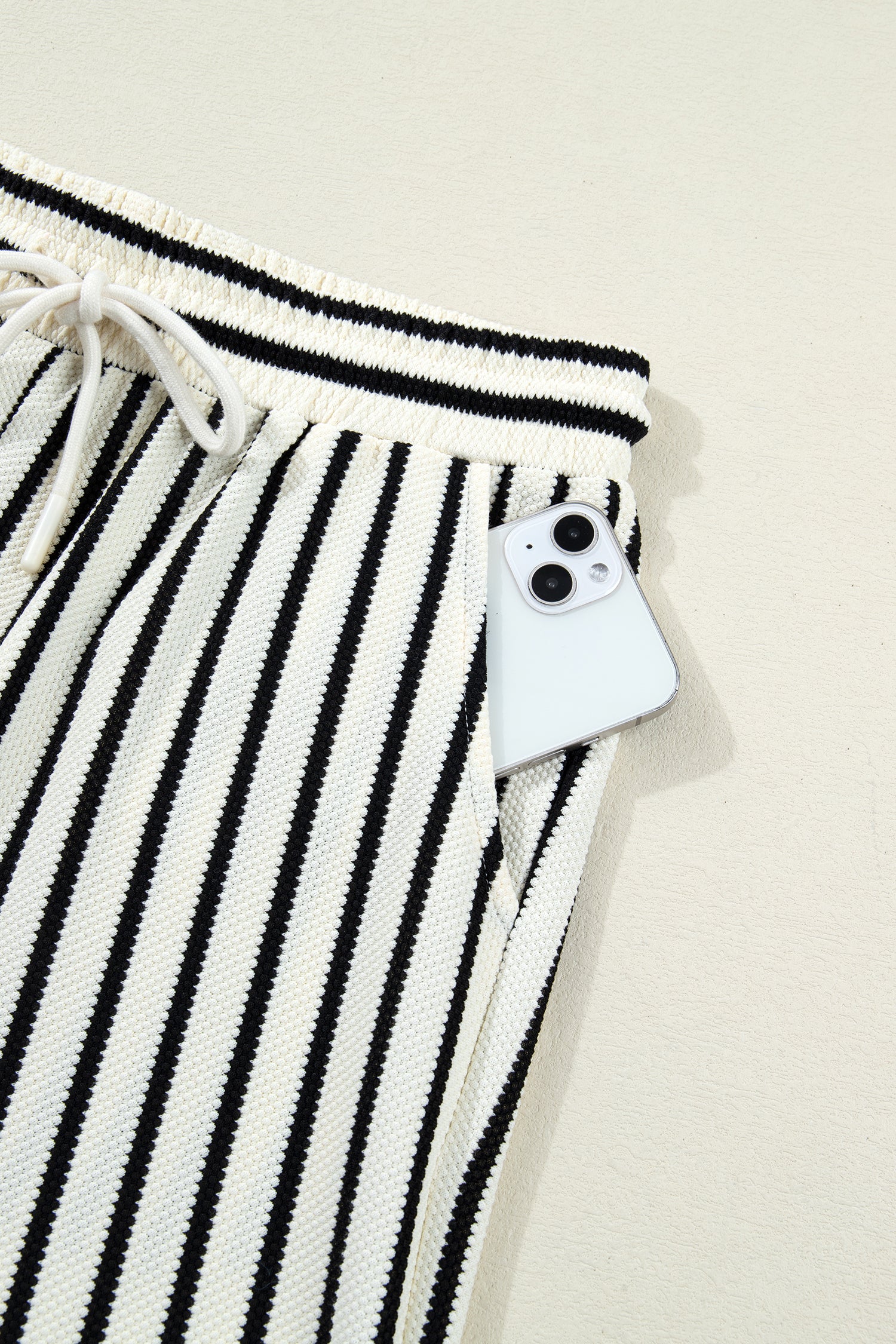 White Stripe Ruffle Trim Drop Shoulder Top Drawstring Loose Pant Set 🇺🇸