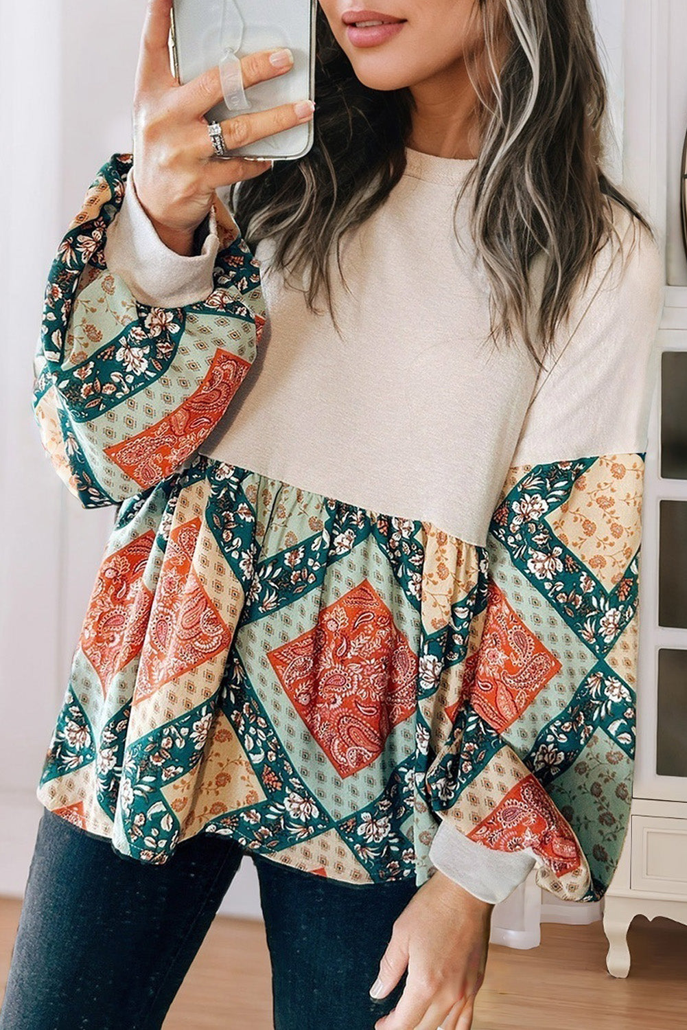 Jet Stream Paisley Geometric Patchwork Crew Neck Loose Fit Top 🇺🇸