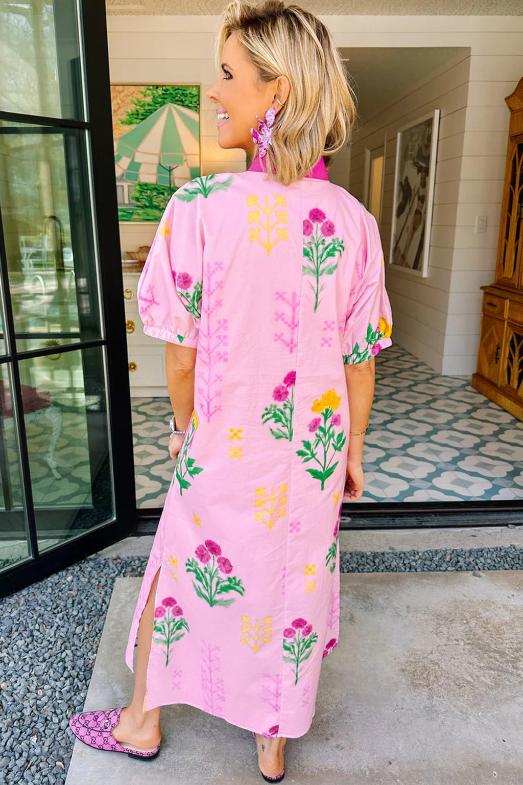 Pink Floral Print Short Sleeve Colorblock Trim V Neck Midi Dress 🇺🇸