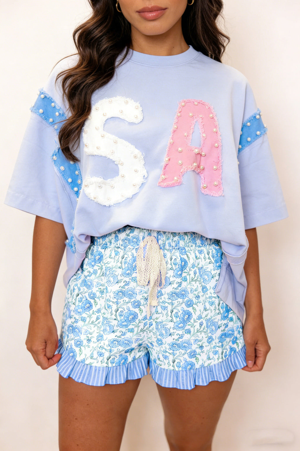 Sky Blue Summer Floral Striped Ruffle Hem Lace Tie Shorts 🇺🇸