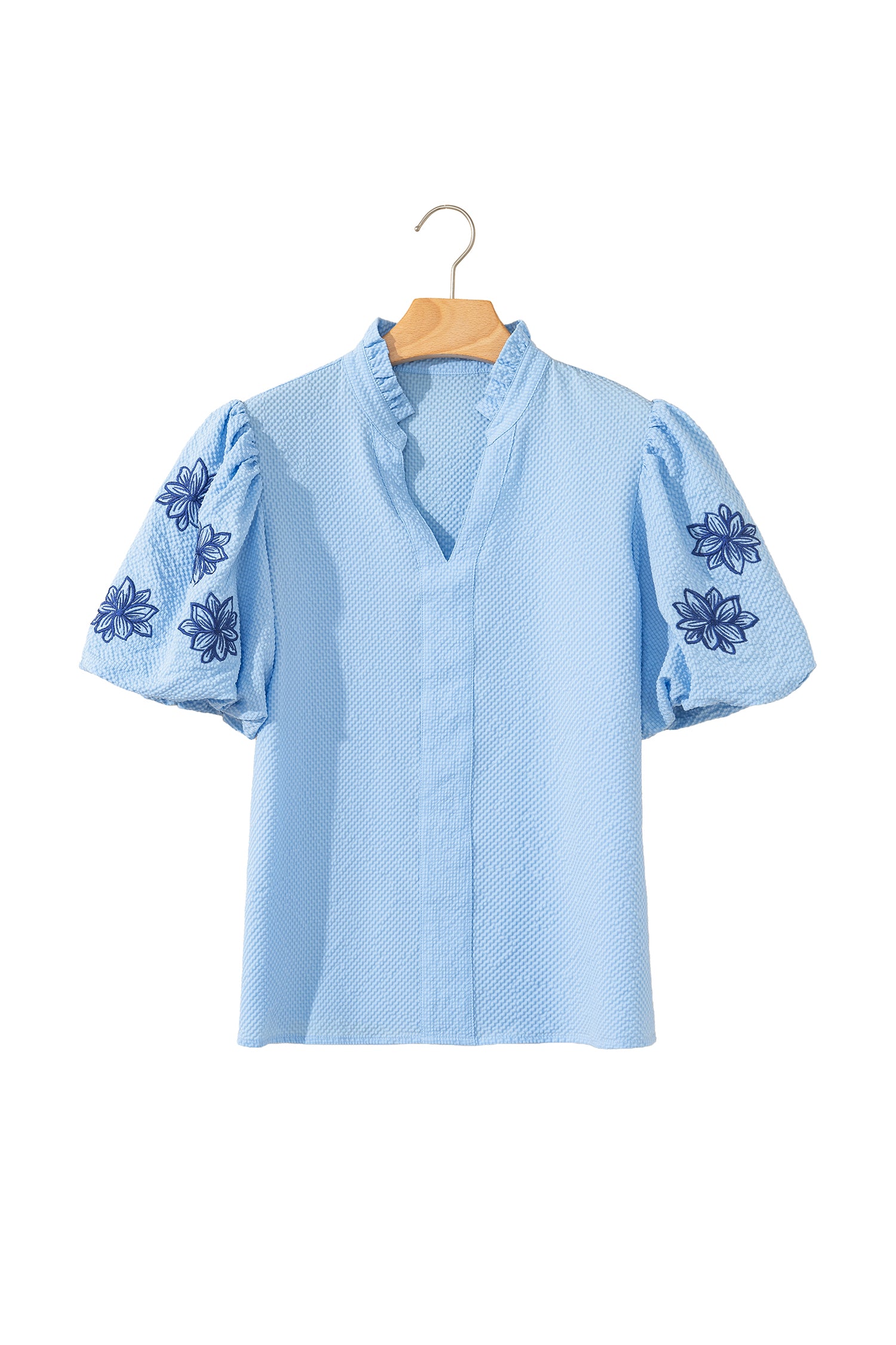Beau Blue Flower Embroidered Puff Sleeve Split Neck Textured Blouse 🇺🇸
