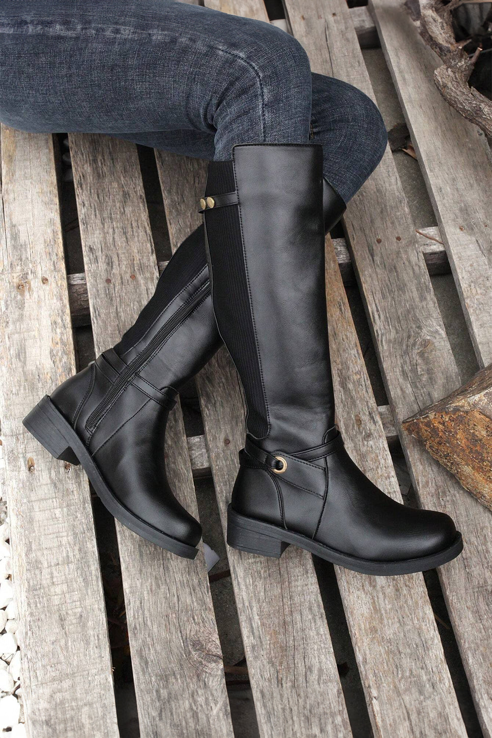 Black Side Zipper Knee High Chunky Low Heel Boots 🇨🇳