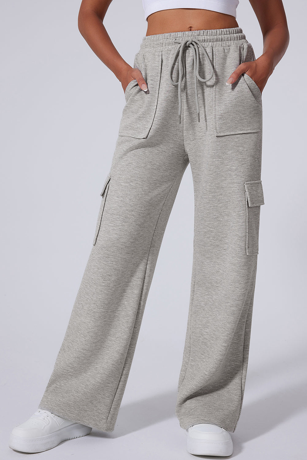Light Grey Multi Pockets Lace-up High Waist Wide Leg Workout Pants 🇺🇲