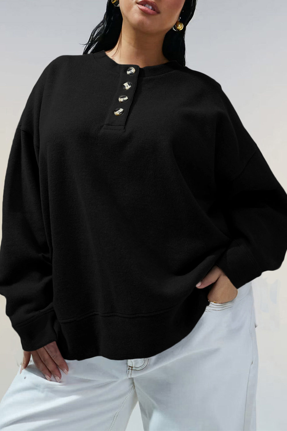 Black Solid Button Placket Crew Neck Plus Size Sweatshirt 🇺🇸