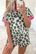 Brown Unique Leopard Print Contrast Trim Top Loose 2pcs Short Set 🇺🇸
