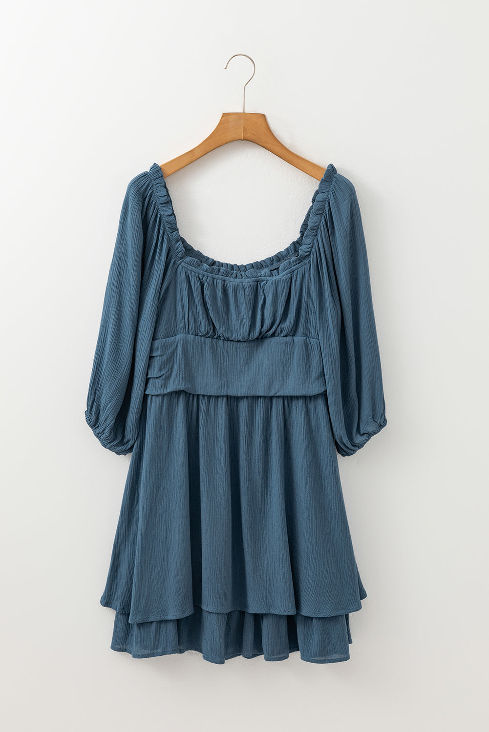 Real Teal Frilled Neckline 3/4 Sleeve Layered Ruched Mini Dress 🇺🇸
