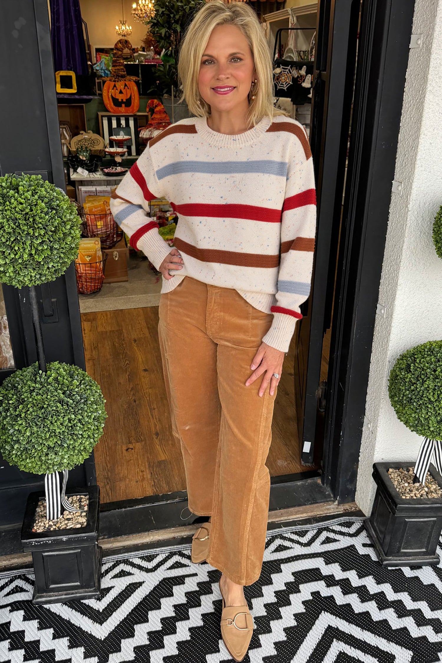 Beige Stripe Exposed Seam Drop Shoulder Heathered Knit Sweater 🇺🇸