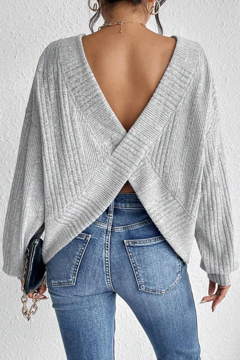Light Grey Textured Crossover Backless Knit Long Sleeve Top 🇺🇲