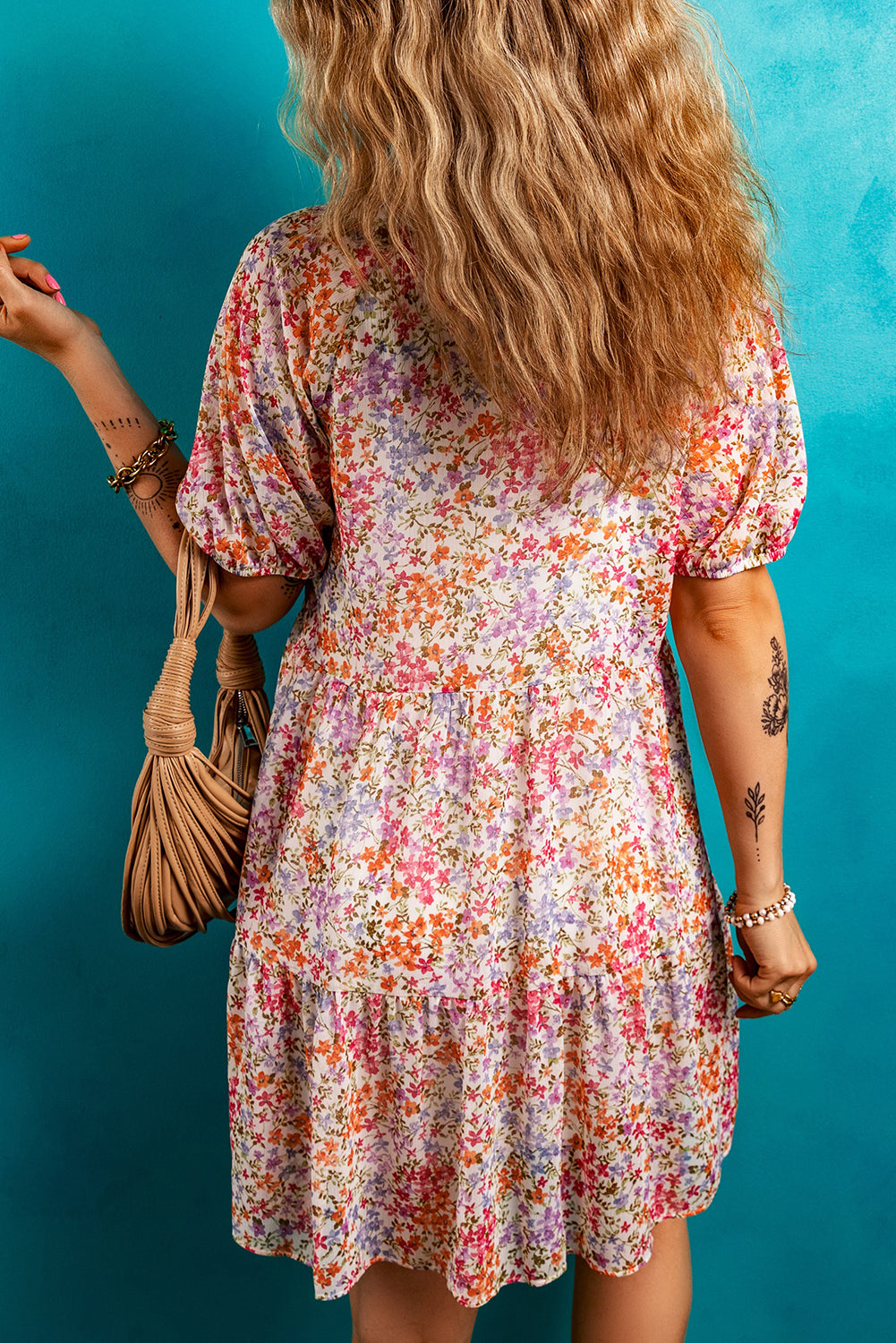 Red Floral Puff Sleeve Notched V Neck Tiered Mini Dress 🇺🇸