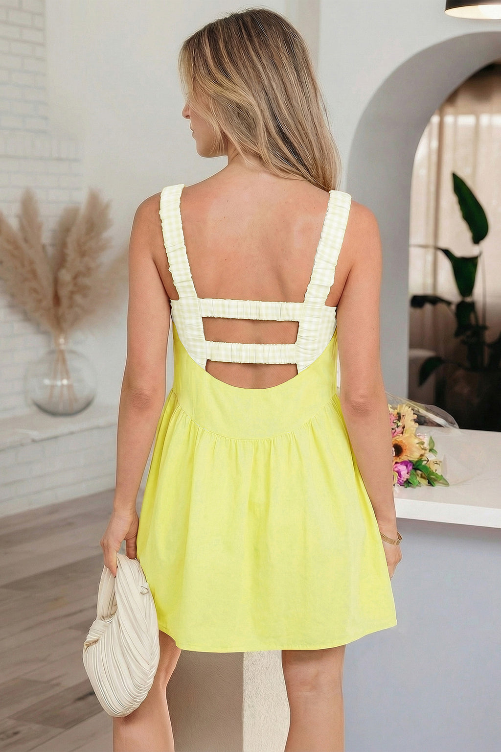 Yellow Cream Faux Two Piece Gingham Contrast Patchwork Loose Mini Dress 🇺🇸