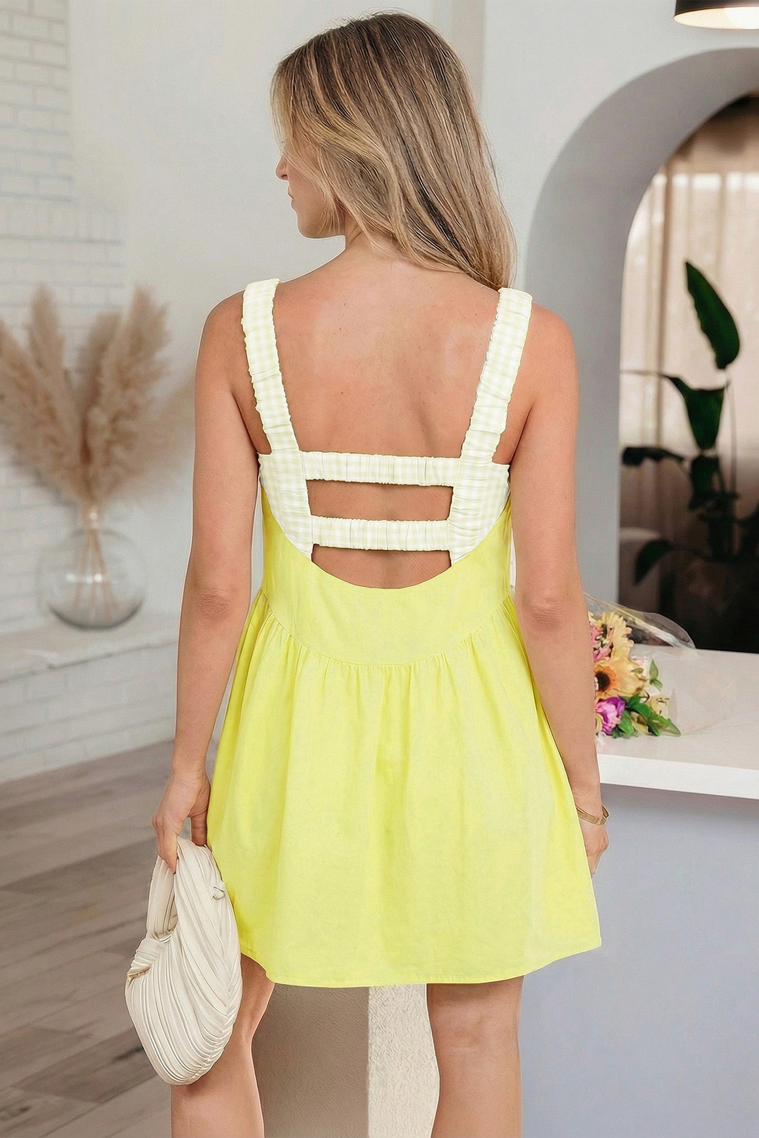 Yellow Cream Faux Two Piece Gingham Contrast Patchwork Loose Mini Dress 🇺🇸