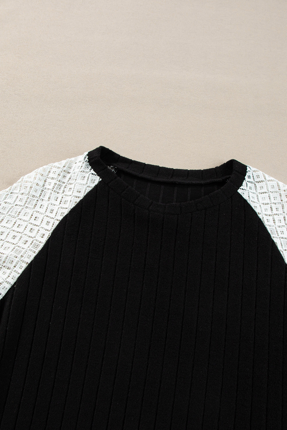 Black Floral Patchwork Long Sleeve Ribbed Blouse 🇺🇸