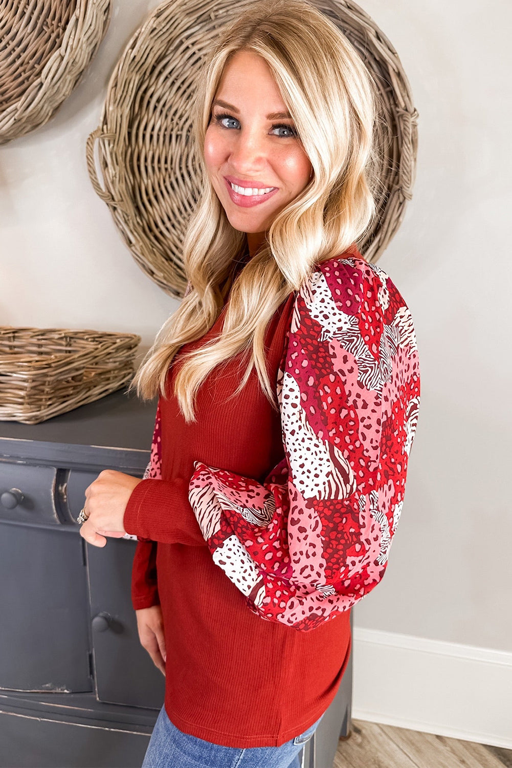 Fiery Red Contrast Mixed Animal Print Lantern Sleeve Patchwork Top 🇺🇸
