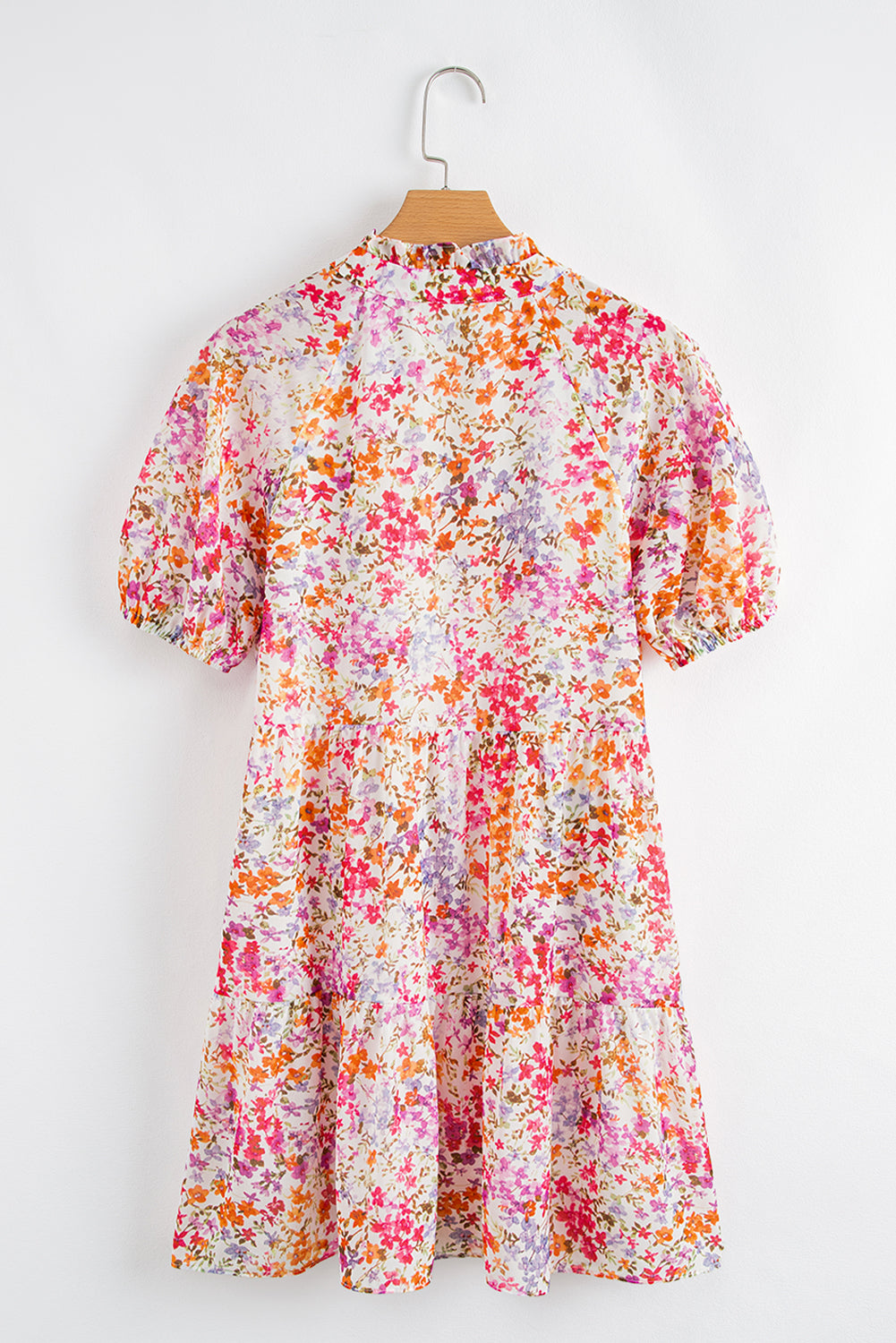 Red Floral Puff Sleeve Notched V Neck Tiered Mini Dress 🇺🇸