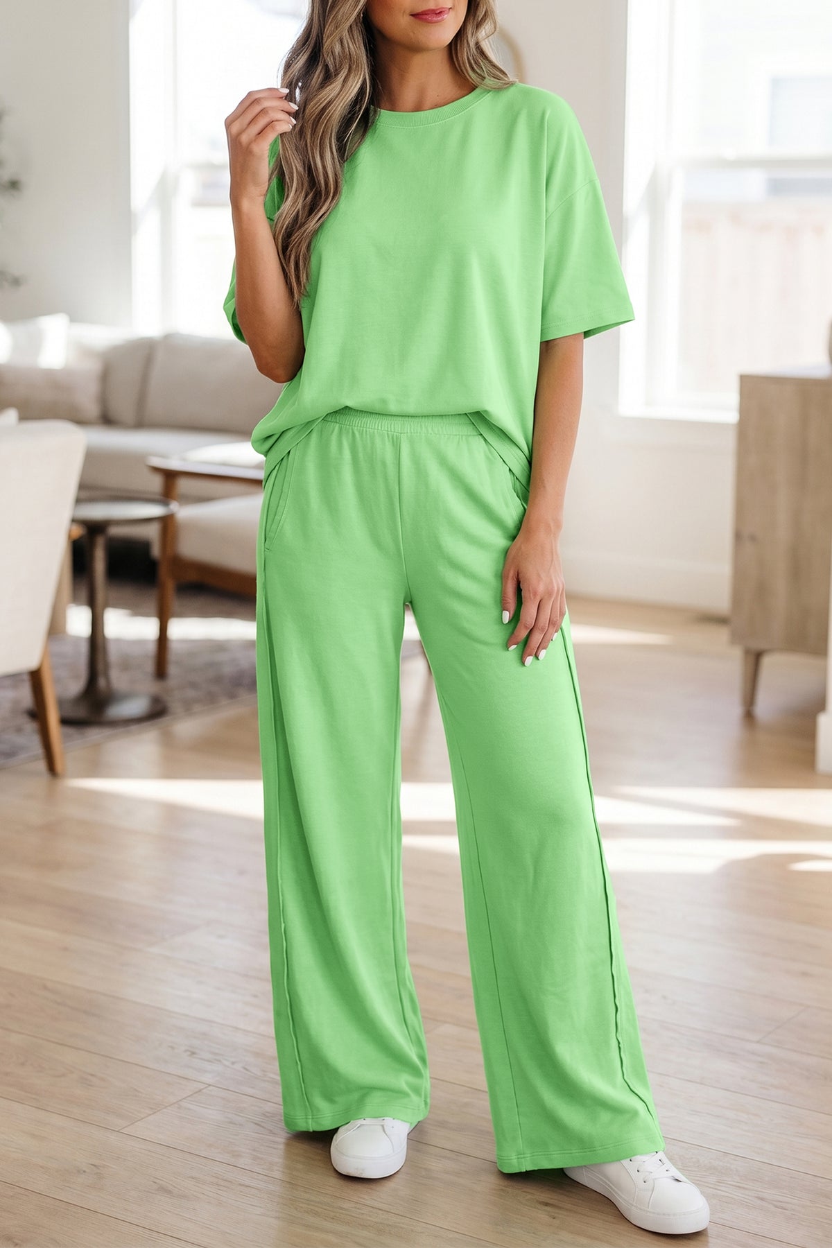 Green Solid Cover Oversize Tee Pocketed Casual Pants 2pcs Outfit 🇺🇸