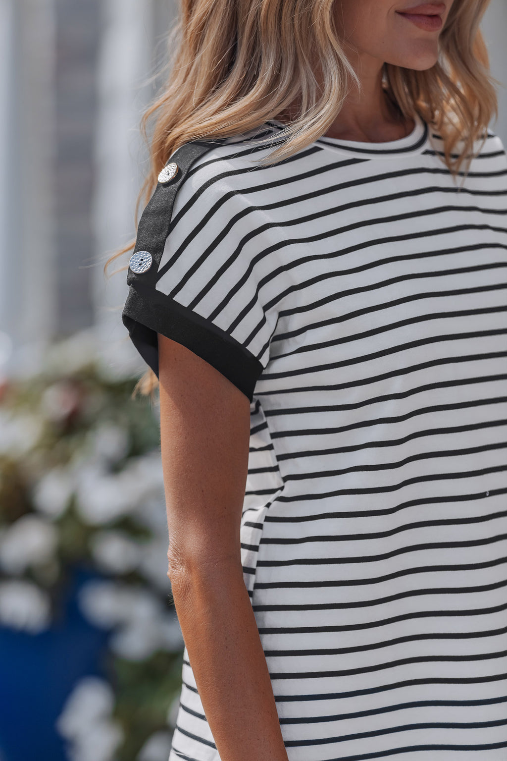 Black Stripe Cuffed Sleeve Button Detail Loose Tee 🇺🇸