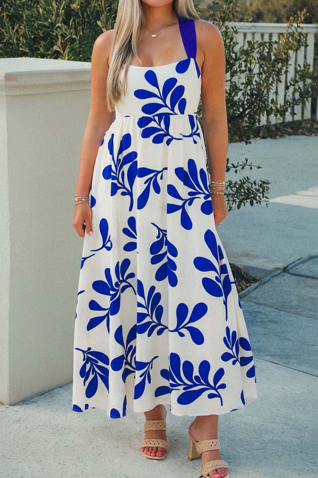 Blue Floral Print Crisscross Tie Back Sleeveless Long Dress 🇺🇸