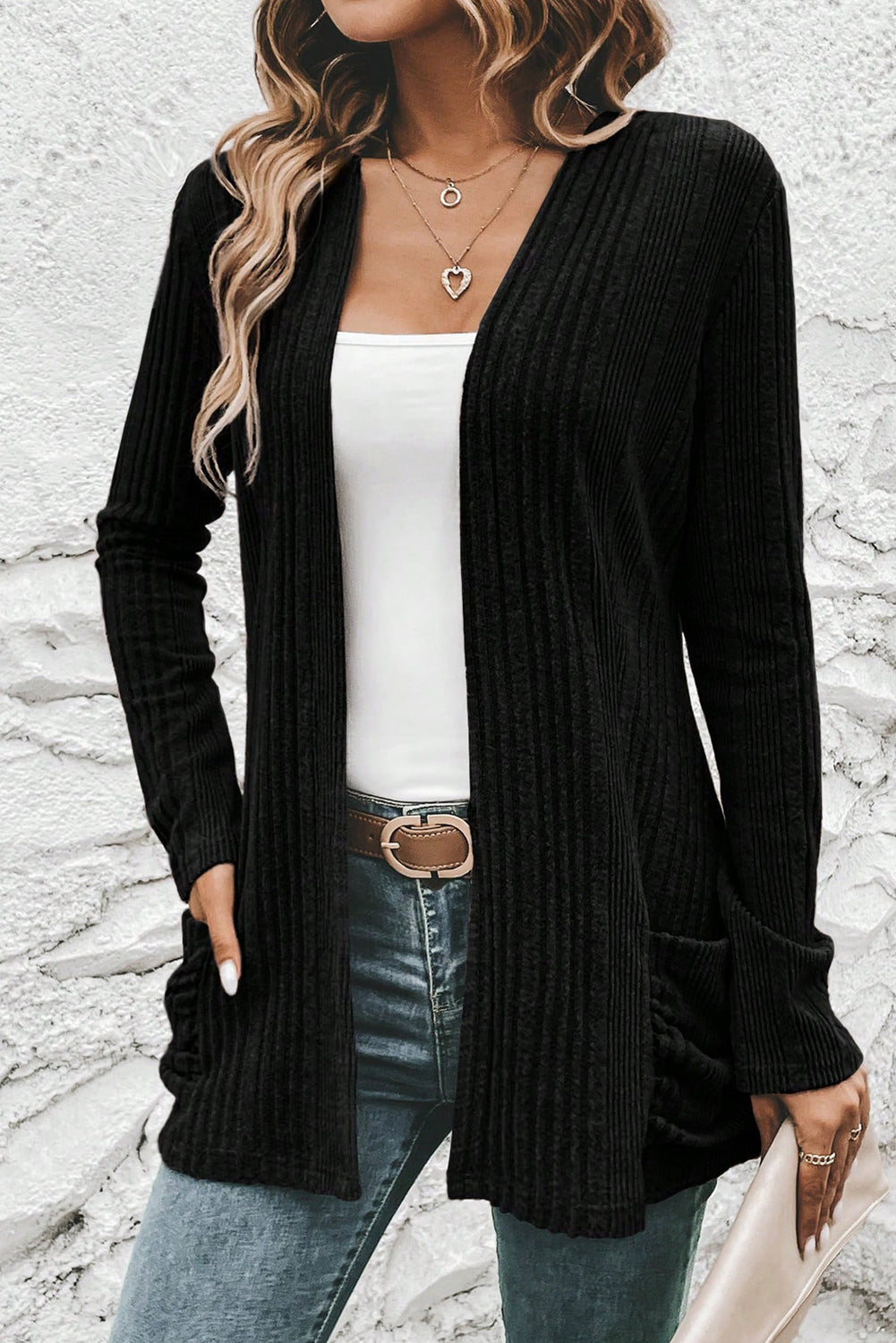 Black Ribbed Open Front Knitted Top with Pockets 🇺🇸