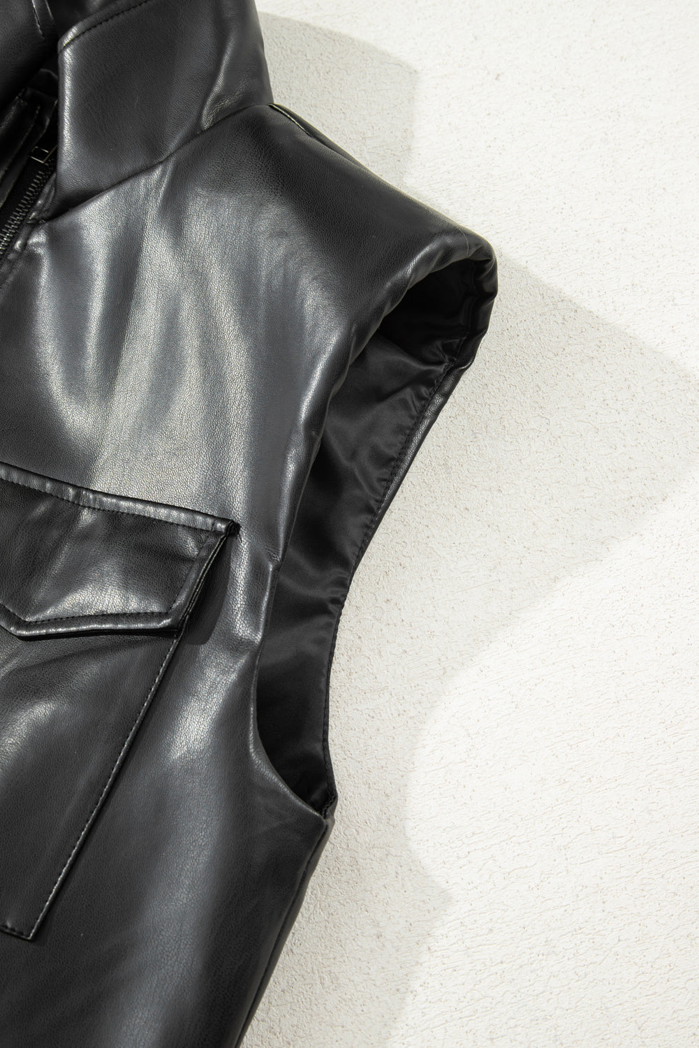 Black Double Flap Pocket Faux Leather Zip Up Stand Neck Vest 🇺🇸