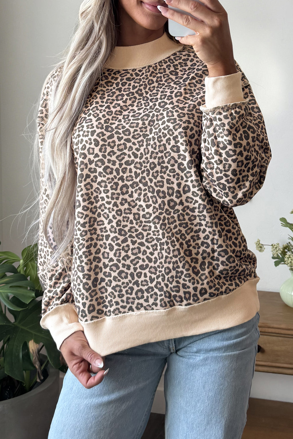 Multicolour Leopard Print High Neck Long Sleeve Ribbed Cuffs Hem Sweatshirt 🇺🇸