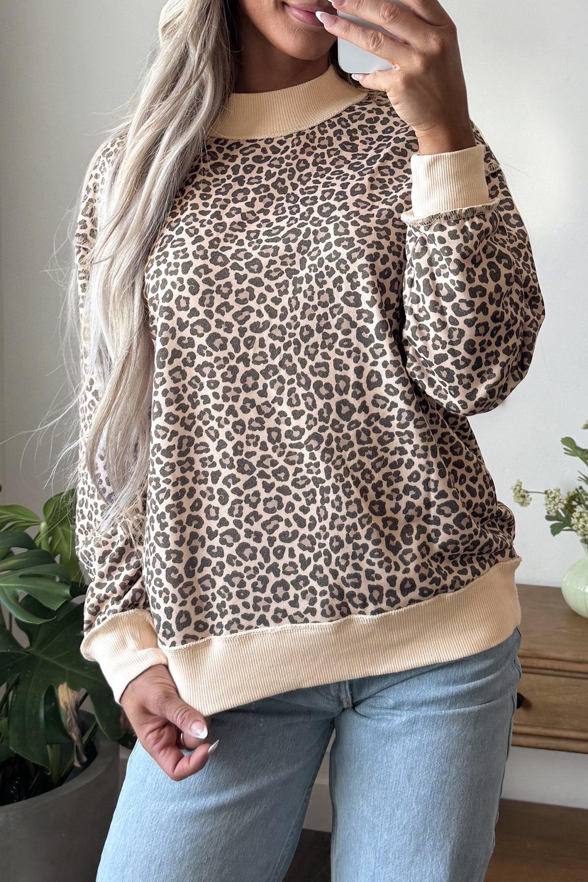 Multicolour Leopard Print High Neck Long Sleeve Ribbed Cuffs Hem Sweatshirt 🇺🇸