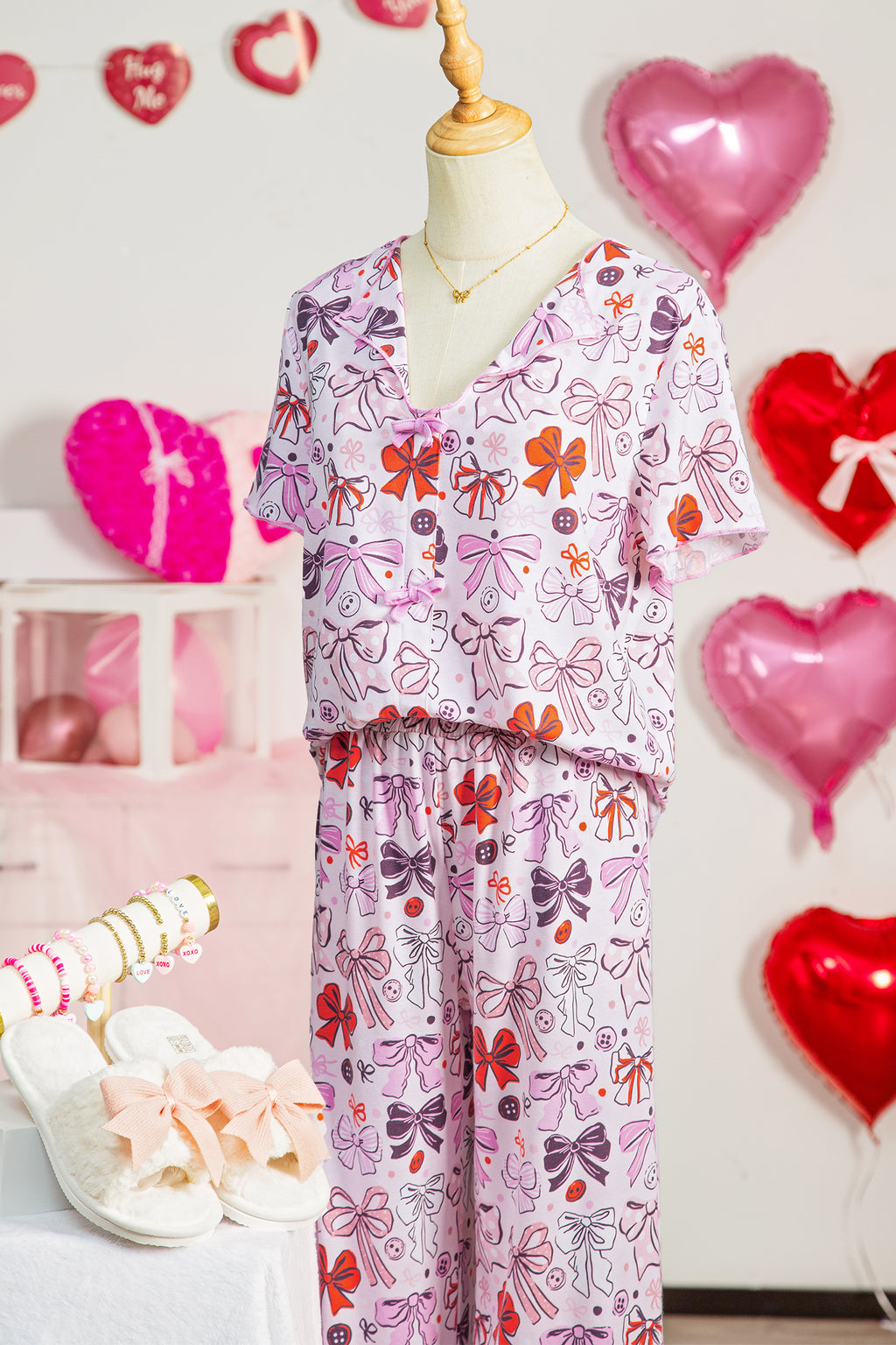 Pink Diverse Bows Buttons Printed Contrast Trim Short Sleeve Shirt Pajama Pant Set 🇺🇸