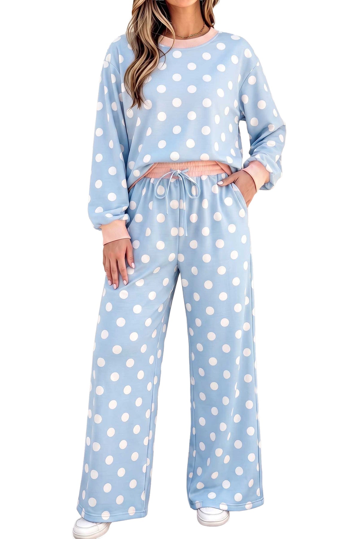 Sky Blue Polka Dot Contrast Trim Long Sleeve Top Drawstring Shift Pants Set 🇺🇸