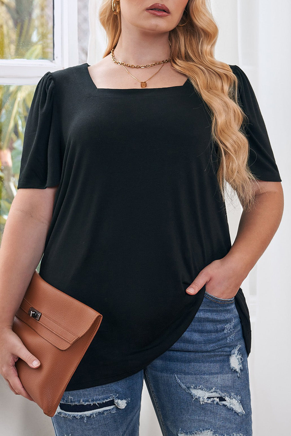 Black Plus Size Square Neck Ruched Shoulder Short Sleeve Top 🇺🇸