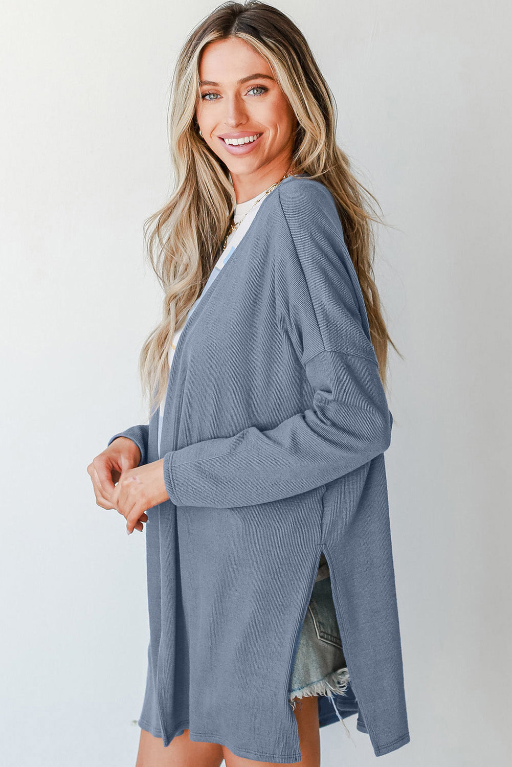 Ashleigh Blue Solid Color Rib Knit Open Front Tunic Cardigan 🇨🇳