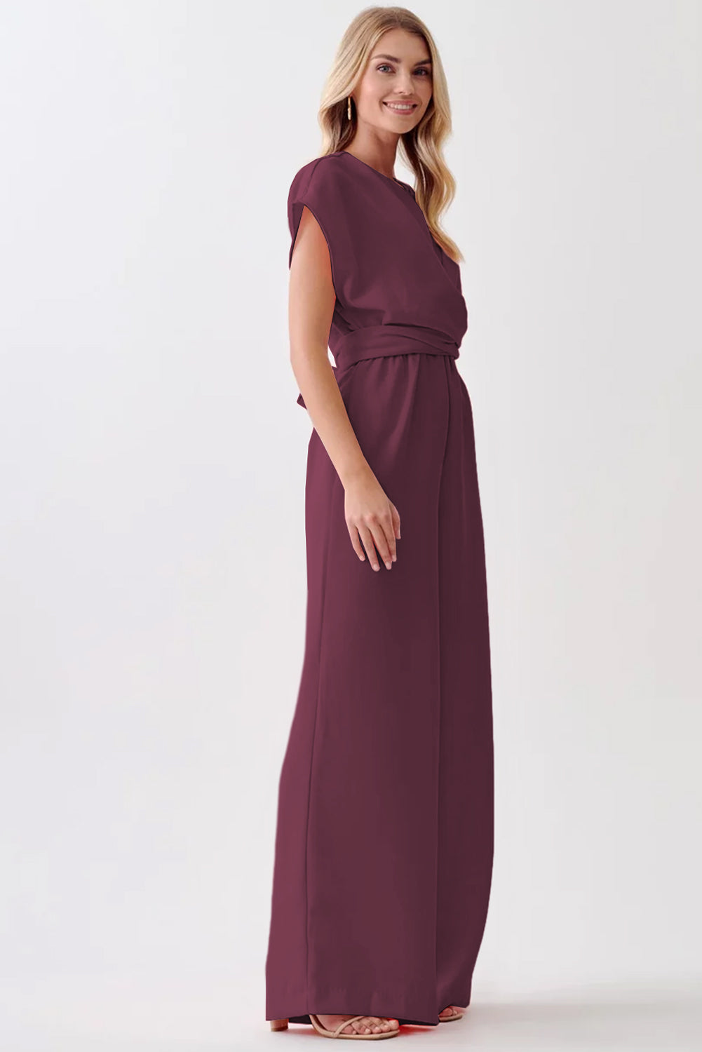Burgundy Solid Color Cap Sleeve Knot Waist Shift Jumpsuit 🇺🇸