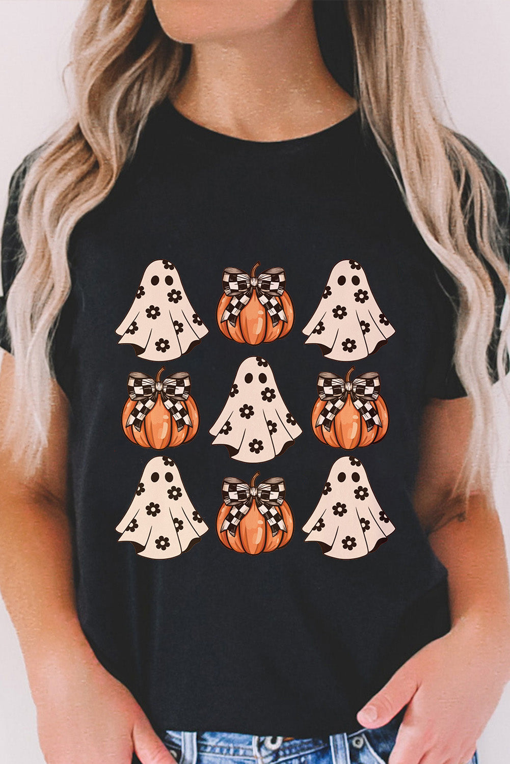 Black Halloween Ghost Pumpkin Print Crew Neck T Shirt 🇺🇸
